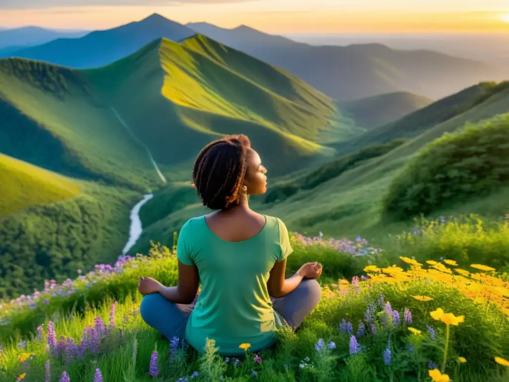 Persona practicando respiración consciente en la cima de una montaña con atardecer dorado y naturaleza vibrante