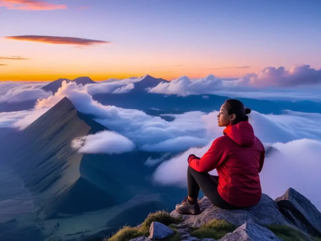 Persona practicando respiración consciente en la cima de la montaña al amanecer, aliviando síntomas de asma