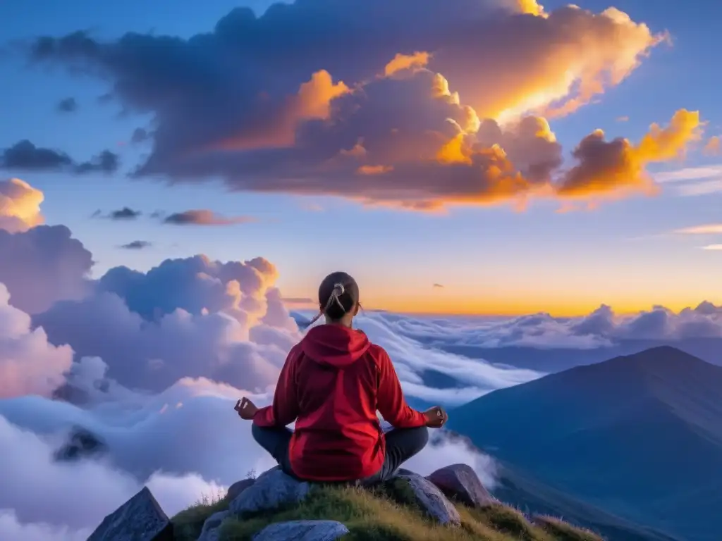 Persona practicando respiración consciente en la cima de una montaña al amanecer, transmitiendo paz mental y claridad