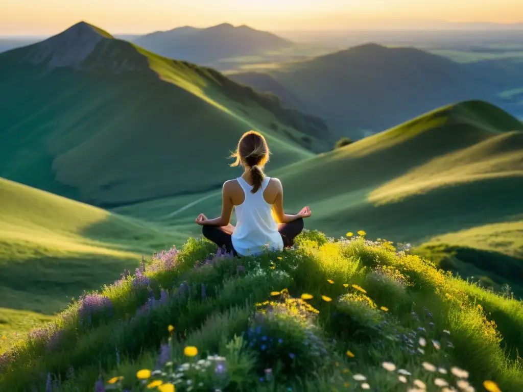 Persona practicando respiración consciente en la cima de una montaña, rodeada de naturaleza exuberante y paz interior