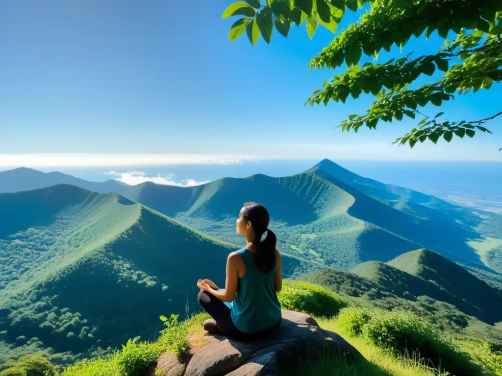 Persona practicando respiración consciente en la cima de la montaña, rodeada de naturaleza serena, transmitiendo calma y reducción de ansiedad