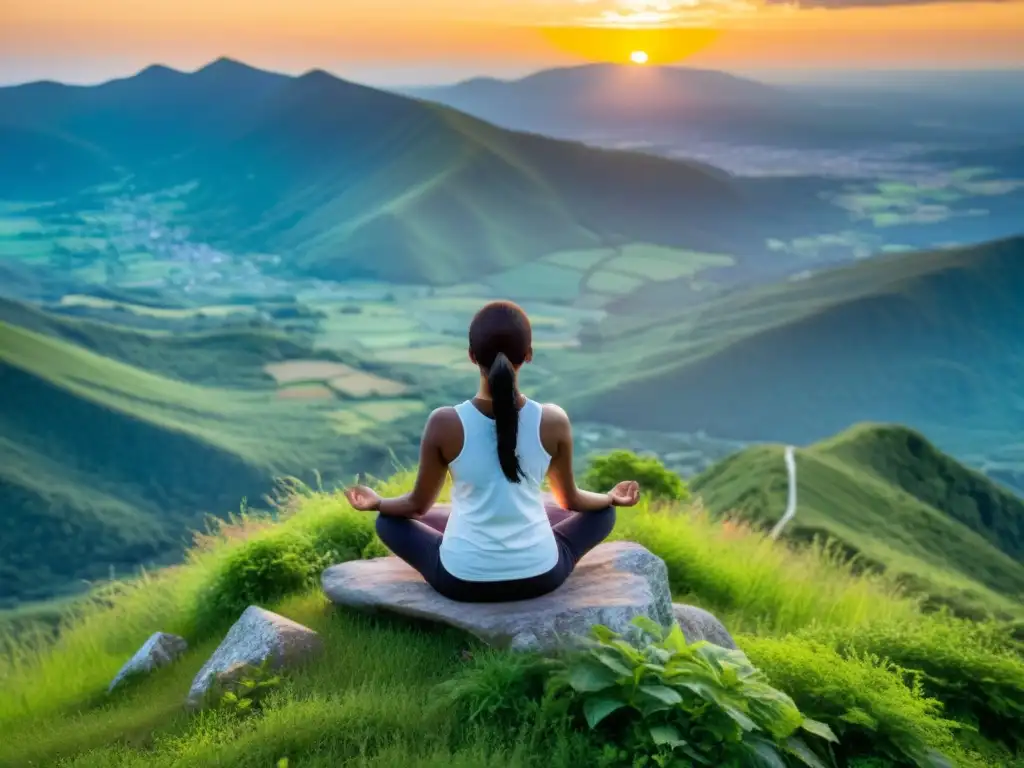 Persona practicando respiración consciente en la cima de una montaña, con puesta de sol