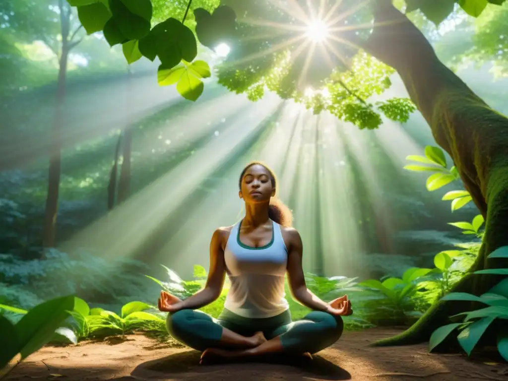 Meditación en el bosque: serenidad y naturaleza viva Persona practicando respiración consciente para mindfulness en un claro soleado de un bosque sereno