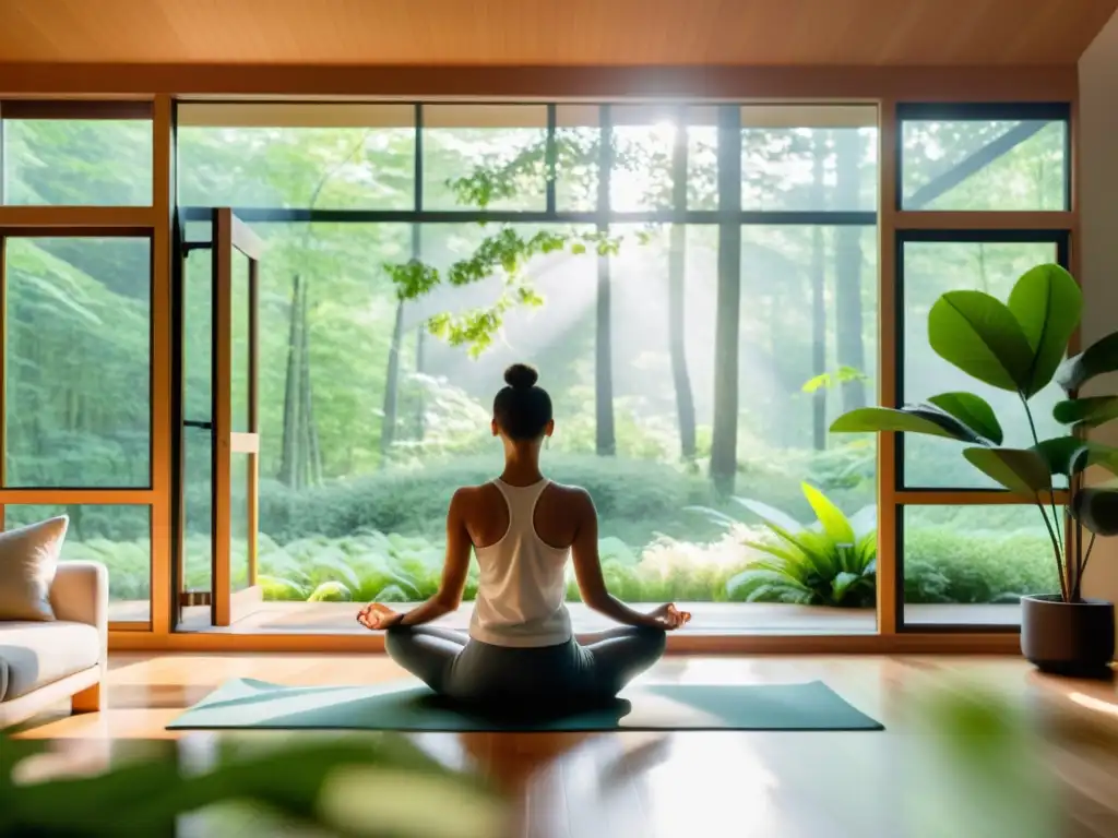 Persona practicando respiración consciente para descompresión columna en sala con vista a bosque, ambiente sereno y acogedor