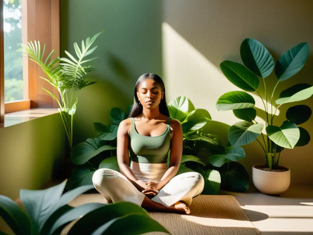 Respiración consciente en entorno natural: calma y serenidad Persona practicando respiración consciente para gestionar dolor en entorno natural y tranquilo, iluminado por luz suave entre hojas verdes