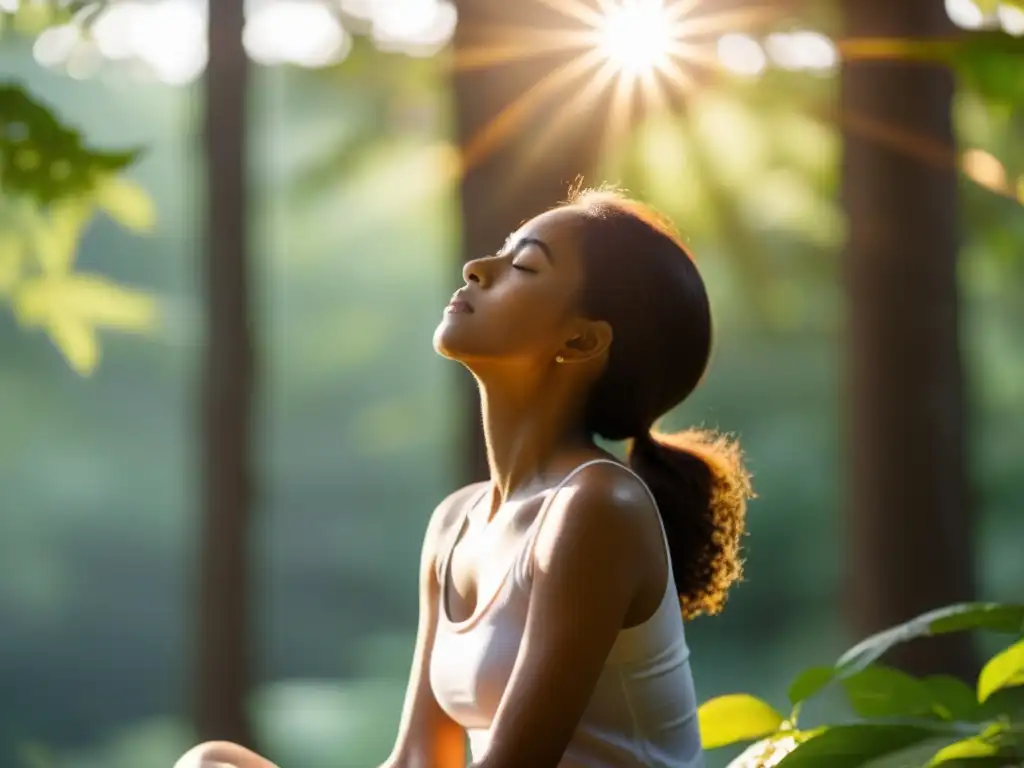 Persona practicando la respiración consciente en un entorno sereno y natural, evocando calma y tranquilidad