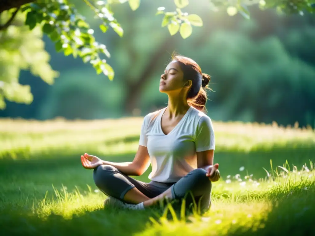 Persona practicando respiración consciente en un entorno natural, transmitiendo calma y enfoque interior