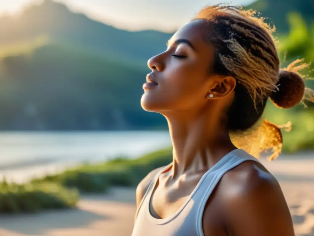 Una persona practica la respiración consciente en un entorno natural, transmitiendo serenidad y bienestar