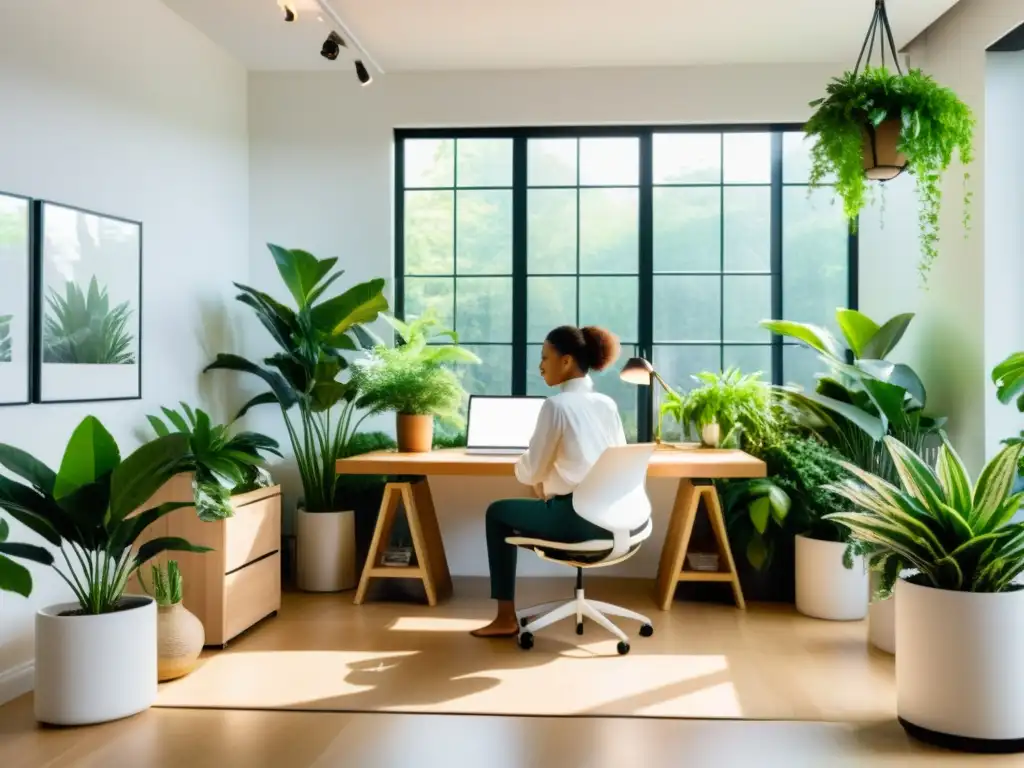 Persona practicando respiración consciente en un espacio de oficina luminoso y tranquilo, rodeada de plantas