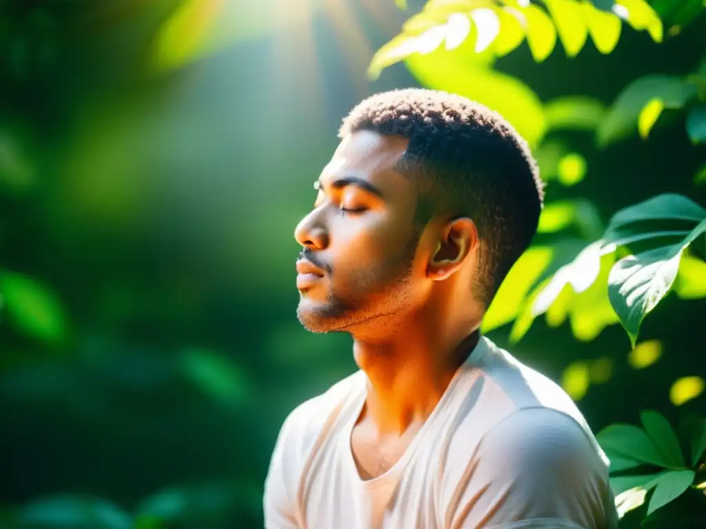 Persona practicando respiración consciente entre exuberante vegetación, irradiando serenidad y bienestar