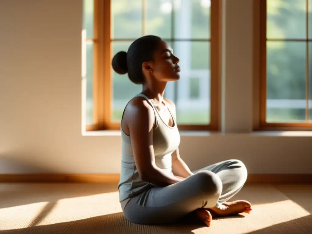 Meditación serena bajo la luz natural en un espacio tranquilo Persona practicando respiración consciente en una habitación tranquila y soleada