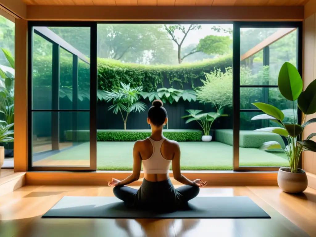 Persona practicando respiración consciente en una habitación de meditación moderna con vista a un jardín tranquilo