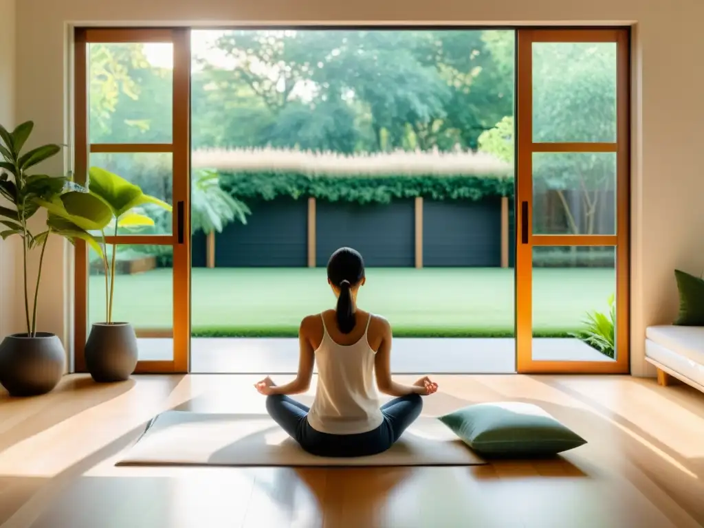 Persona practicando respiración consciente para hipertensión pulmonar en un moderno salón con vista a un jardín sereno y luminoso