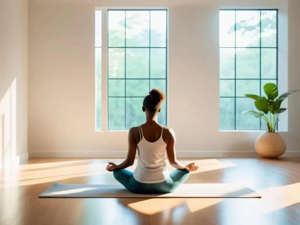 Persona practicando respiración consciente para inteligencia emocional en una habitación minimalista llena de luz natural y serenidad