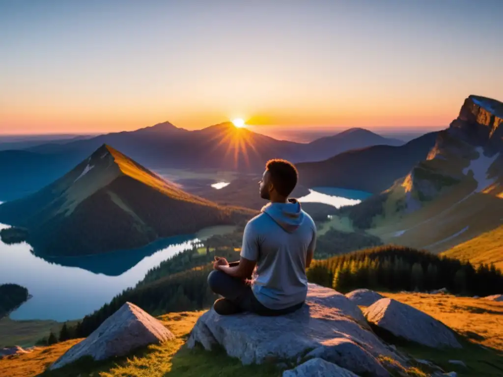 Persona practicando respiración consciente para inteligencia emocional en la cima de la montaña al amanecer, reflejos del sol en el lago