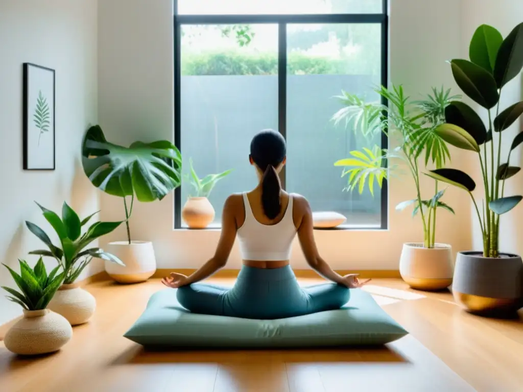 Persona practicando respiración consciente para inteligencia emocional en una sala de meditación serena y moderna, iluminada por luz natural