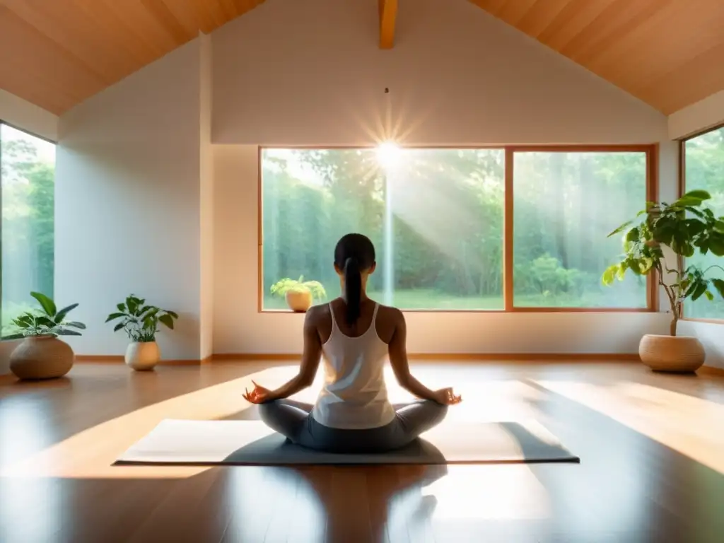 Persona practicando respiración consciente para inteligencia emocional en una habitación serena y llena de luz natural