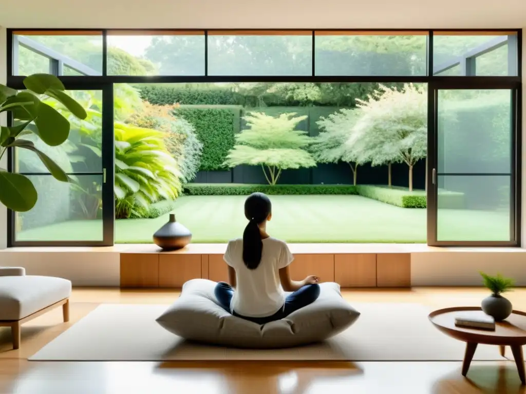 Persona practicando respiración consciente en moderno salón con vistas a jardín