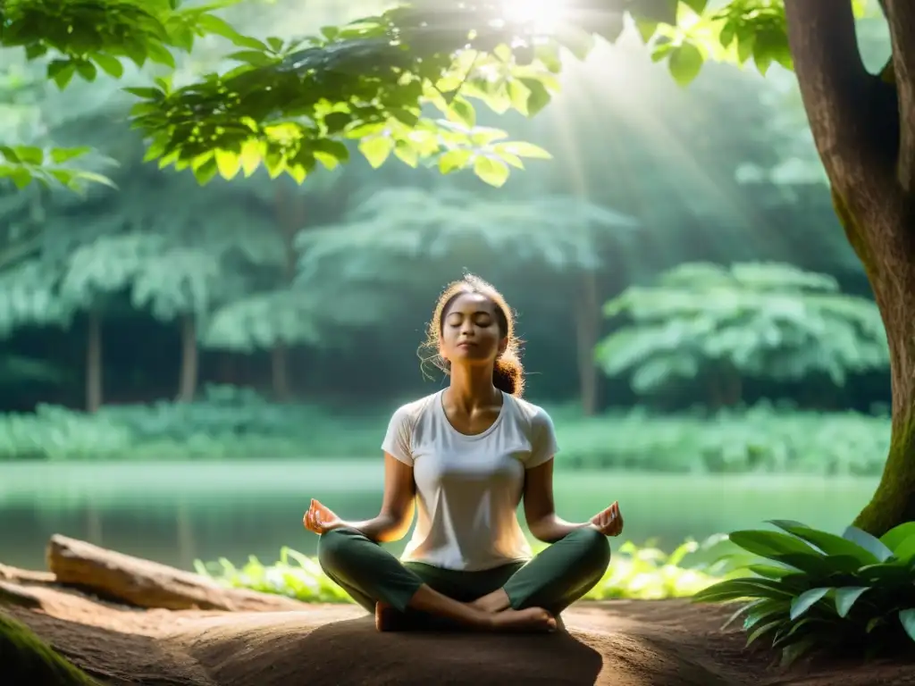 Persona practicando respiración consciente en la naturaleza, evocando calma y paz interior