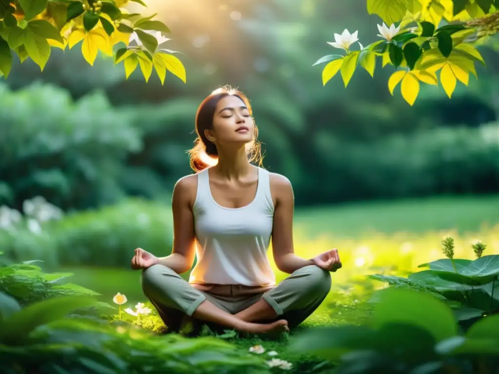 Persona practicando respiración consciente en la naturaleza, rodeada de verde exuberante y flores, evocando tranquilidad y bienestar