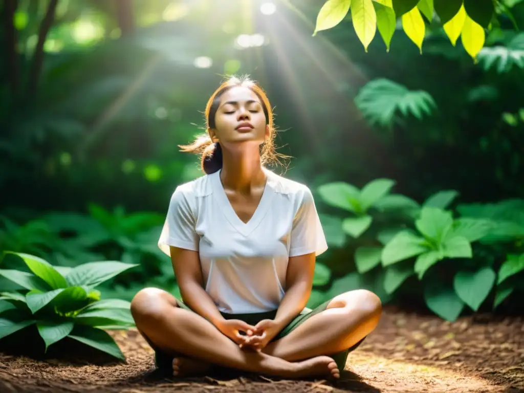 Persona practicando respiración consciente en la naturaleza, con luz solar filtrada entre las hojas