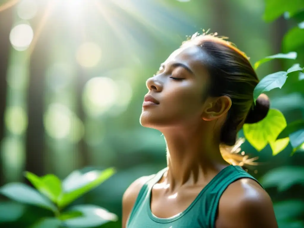 Persona practicando respiración consciente en la naturaleza, prevención alergias respiratorias respiración