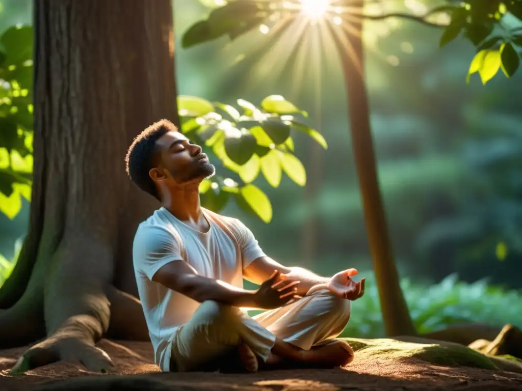 Persona practicando respiración consciente en la naturaleza, transmitiendo tranquilidad y serenidad