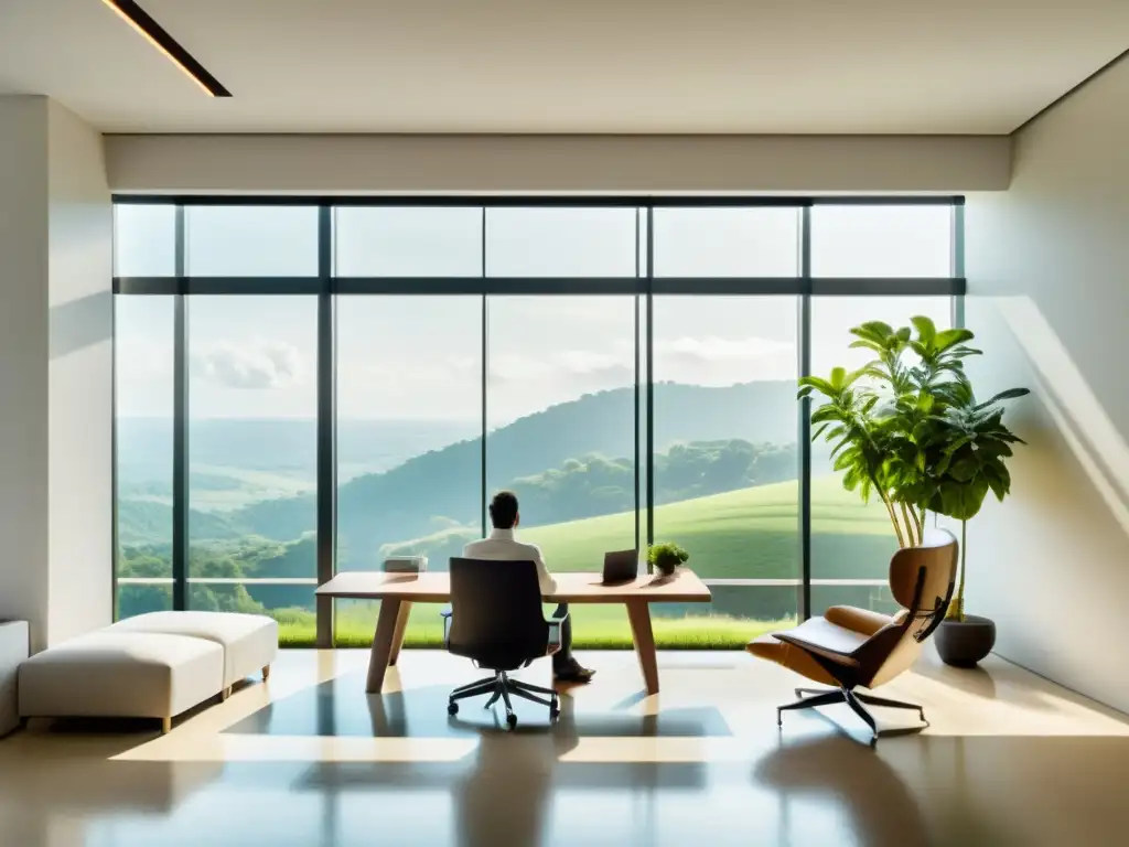 Persona practicando respiración consciente en una oficina moderna con vista panorámica a la naturaleza, estrategia de marketing