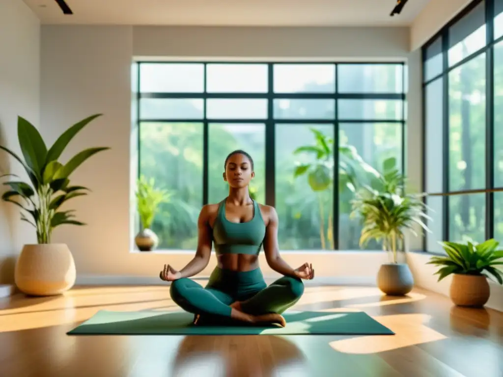 Persona practicando respiración consciente en pausas activas en moderna oficina con luz natural y ambiente sereno