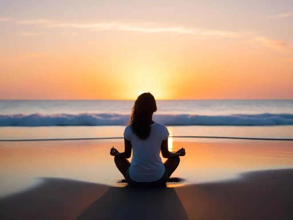 Práctica de Mindfulness al Amanecer en la Playa Persona practicando respiración consciente para mindfulness en la playa al amanecer, en armonía con la naturaleza serena