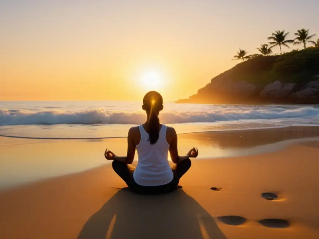 Persona practicando respiración consciente en la playa al amanecer, transmitiendo serenidad y conexión con la naturaleza