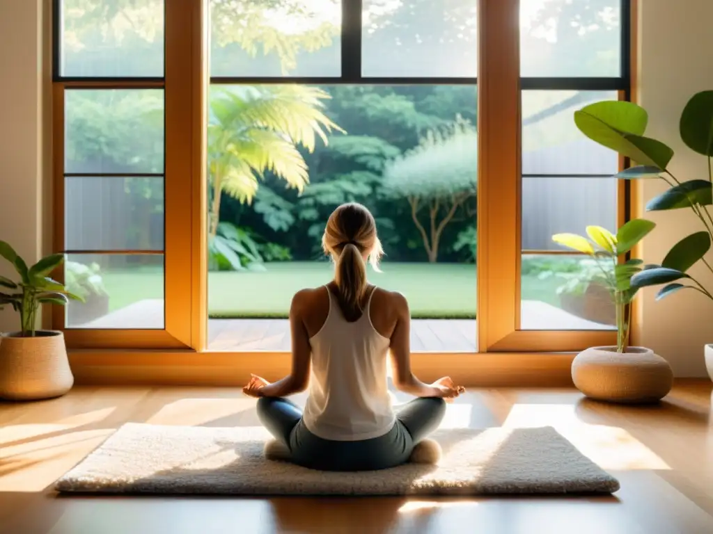 Persona practicando respiración consciente para principiantes en un salón moderno con luz solar y decoración minimalista