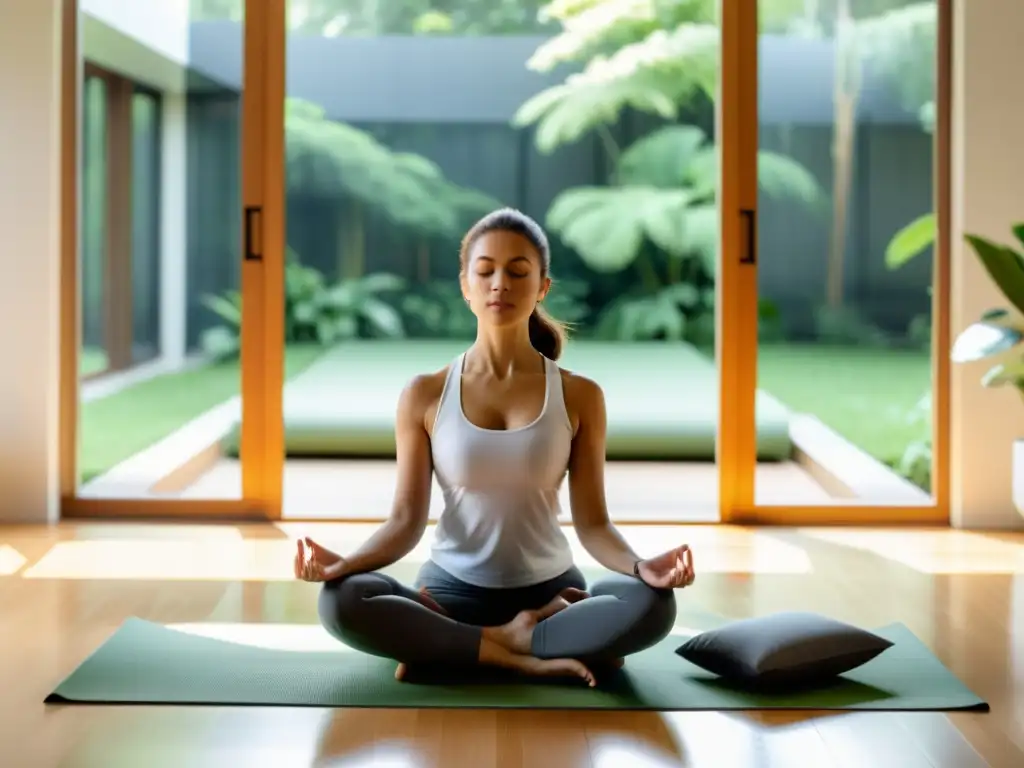 Persona practicando respiración consciente para reducción de estrés en moderno salón con vista a jardín verde, ciencia y serenidad