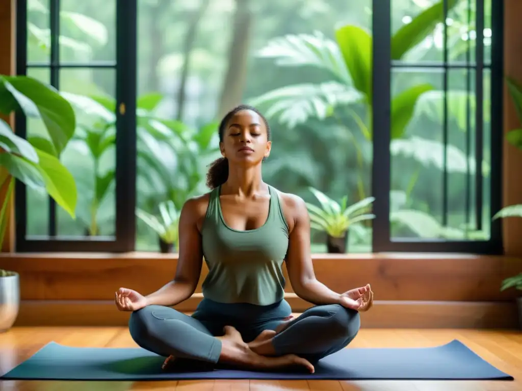 Persona practicando respiración consciente rodeada de plantas verdes y luz natural, evocando tranquilidad y reducción de estrés