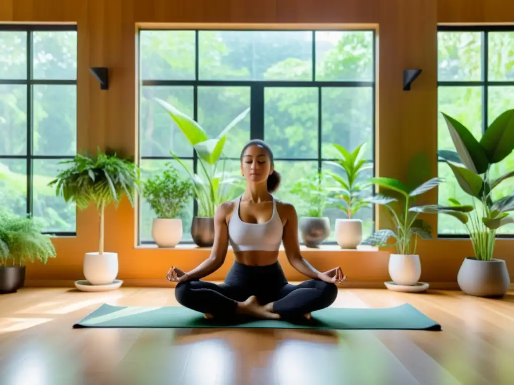 Persona practicando respiración consciente en sala con plantas medicinales para respiración consciente