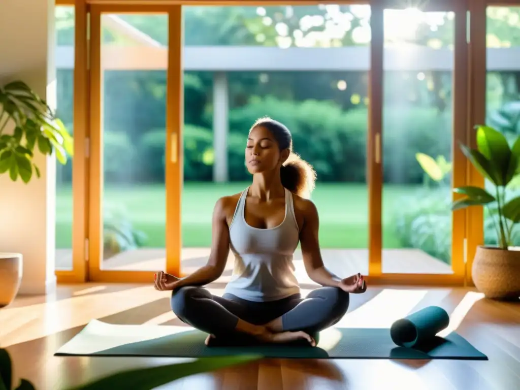 Persona practicando respiración consciente en sala tranquila con vista al jardín, irradiando calma y bienestar mental