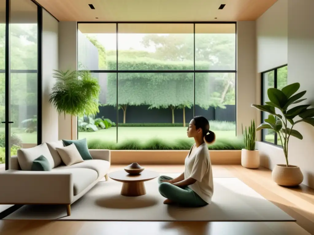 Persona practicando respiración consciente en sala tranquila con vista a jardín, decoración minimalista y toques de naturaleza