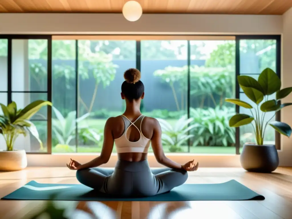 Persona practicando respiración consciente en sala moderna con vista a jardín tranquilo