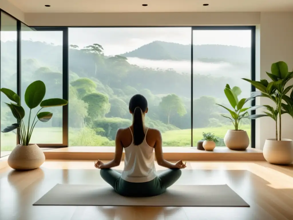 Persona practicando respiración consciente en un salón moderno con vistas a la naturaleza