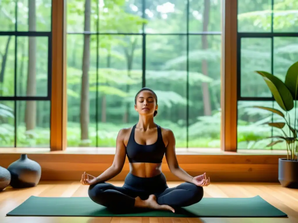 Persona practicando respiración consciente en un salón con vista al bosque, transmitiendo serenidad y calma interior