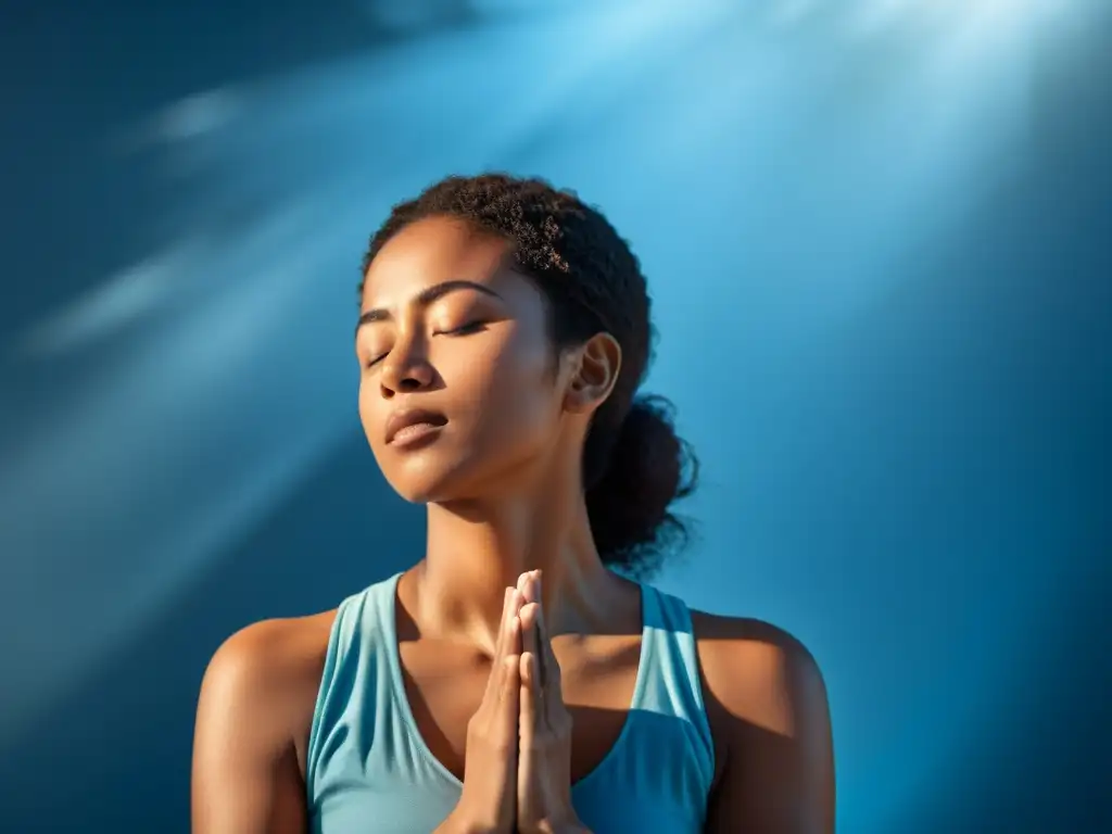 Persona practicando respiración consciente, con serenidad y calma, rodeada de luz natural