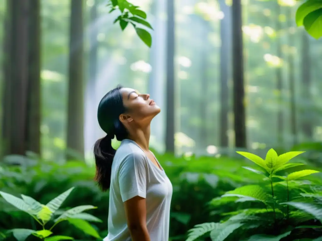 Persona practicando respiración consciente para aliviar síntomas de asma en un bosque sereno y tranquilo, con luz cálida entre los árboles