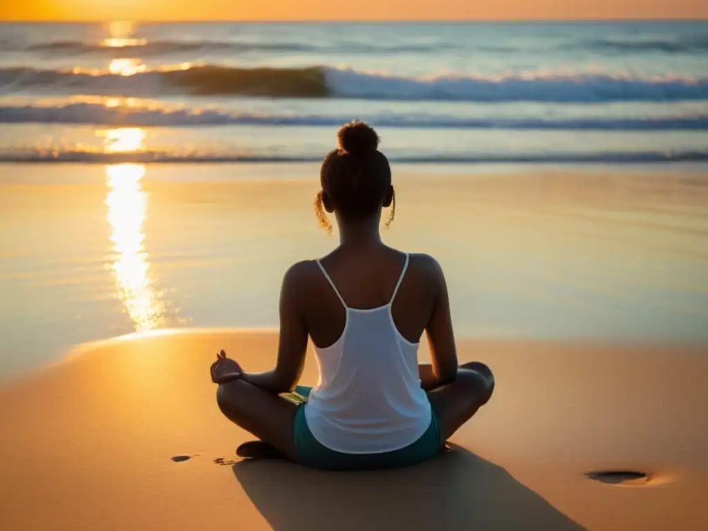 Persona en meditación, conectando respiración, cuerpo y mente en la serenidad de la playa al atardecer