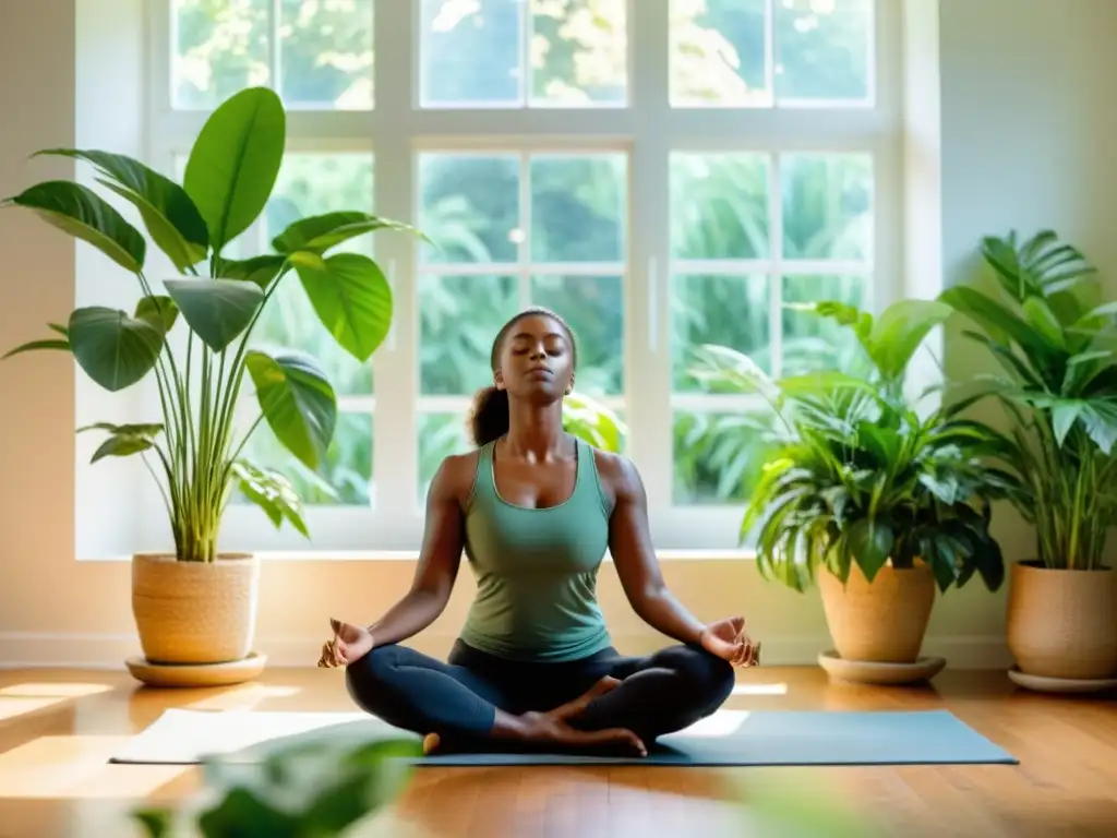 Persona practicando la respiración diafragmática en un ambiente sereno con plantas, beneficiosa para la tranquilidad mental