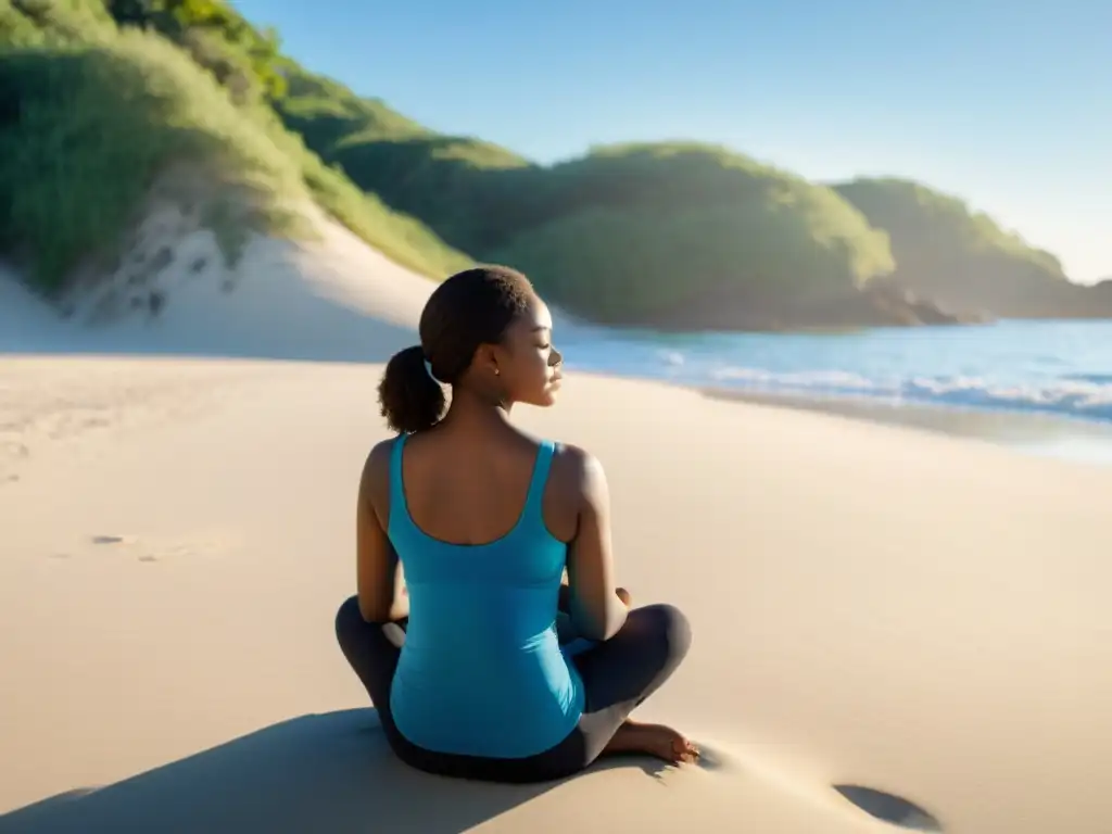 Persona practicando respiración diafragmática para obtener beneficios emocionales en la playa, bajo la cálida luz del sol