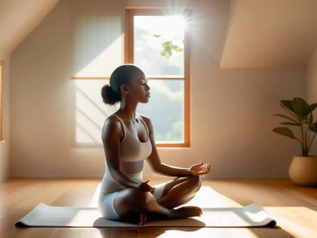 Persona en meditación con respiración diafragmática, disfrutando de los beneficios para reducir la alta tensión en una habitación serena y soleada