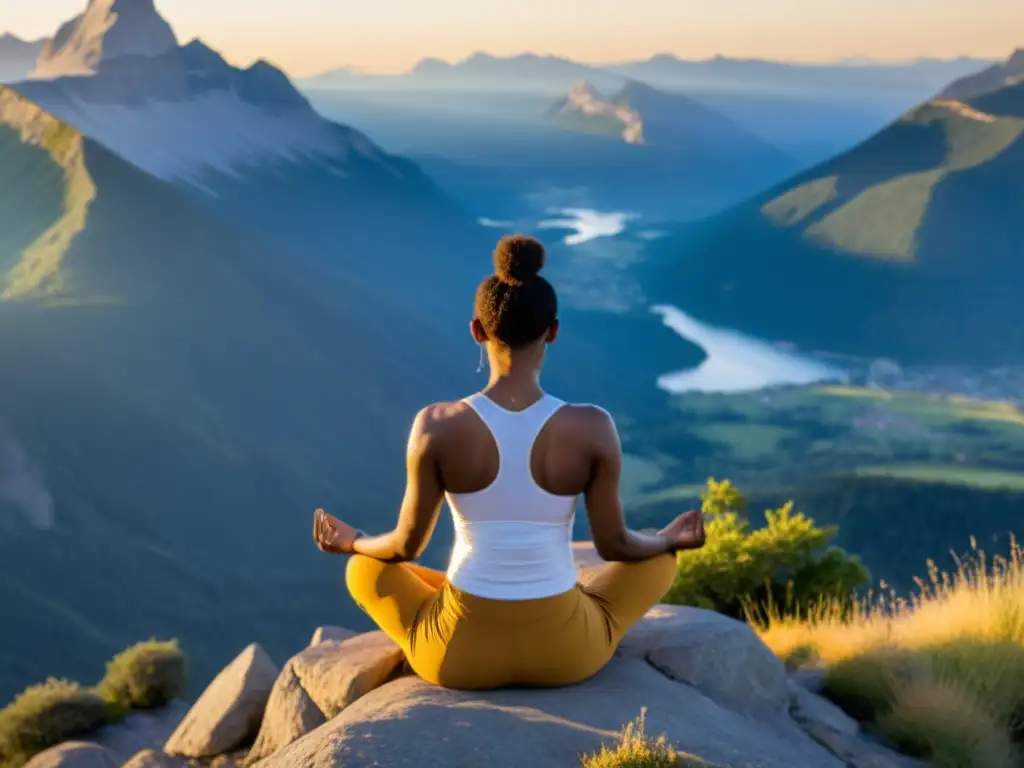 Persona practicando respiración diafragmática en la cima de la montaña, evocando paz y tranquilidad, beneficios respiración diafragmática alta tensión