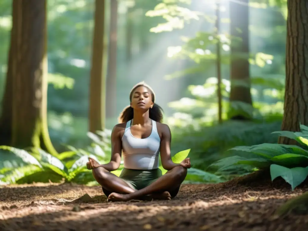 Persona en meditación con respiración diafragmática en un claro soleado del bosque, creando una atmósfera serena y tranquila