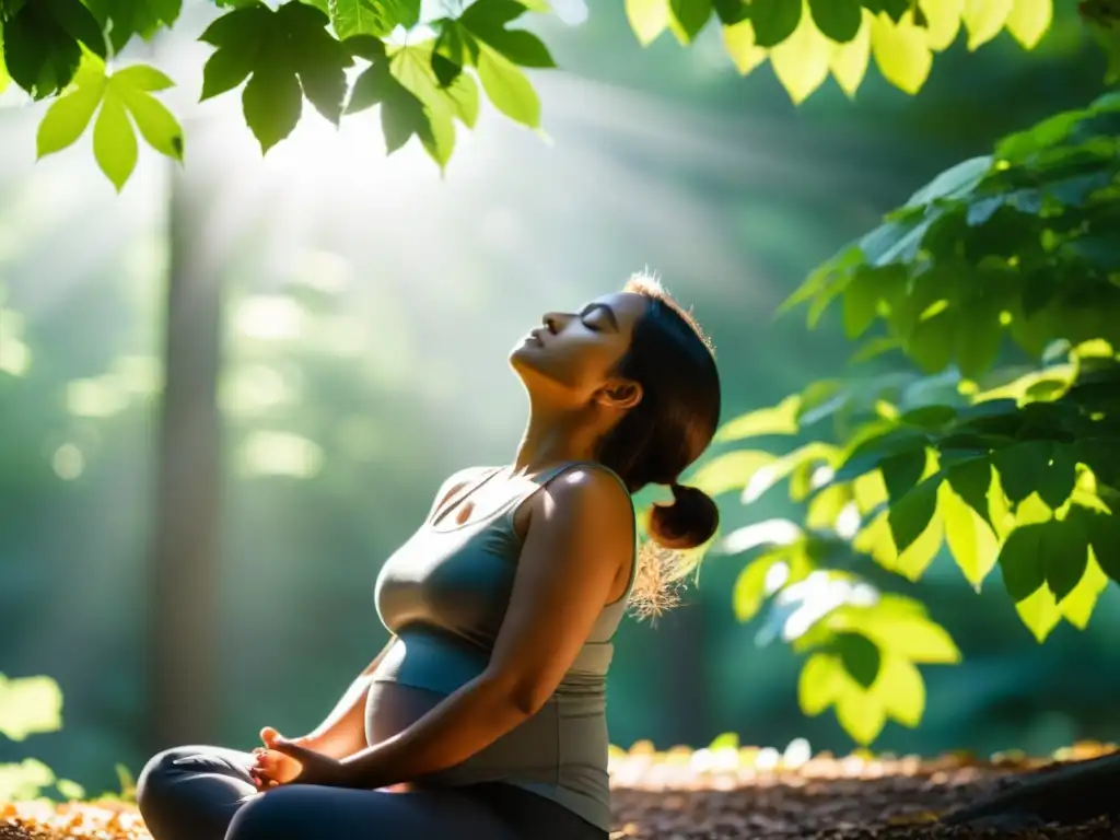 Persona practicando respiración diafragmática en entorno natural, transmitiendo calma y serenidad