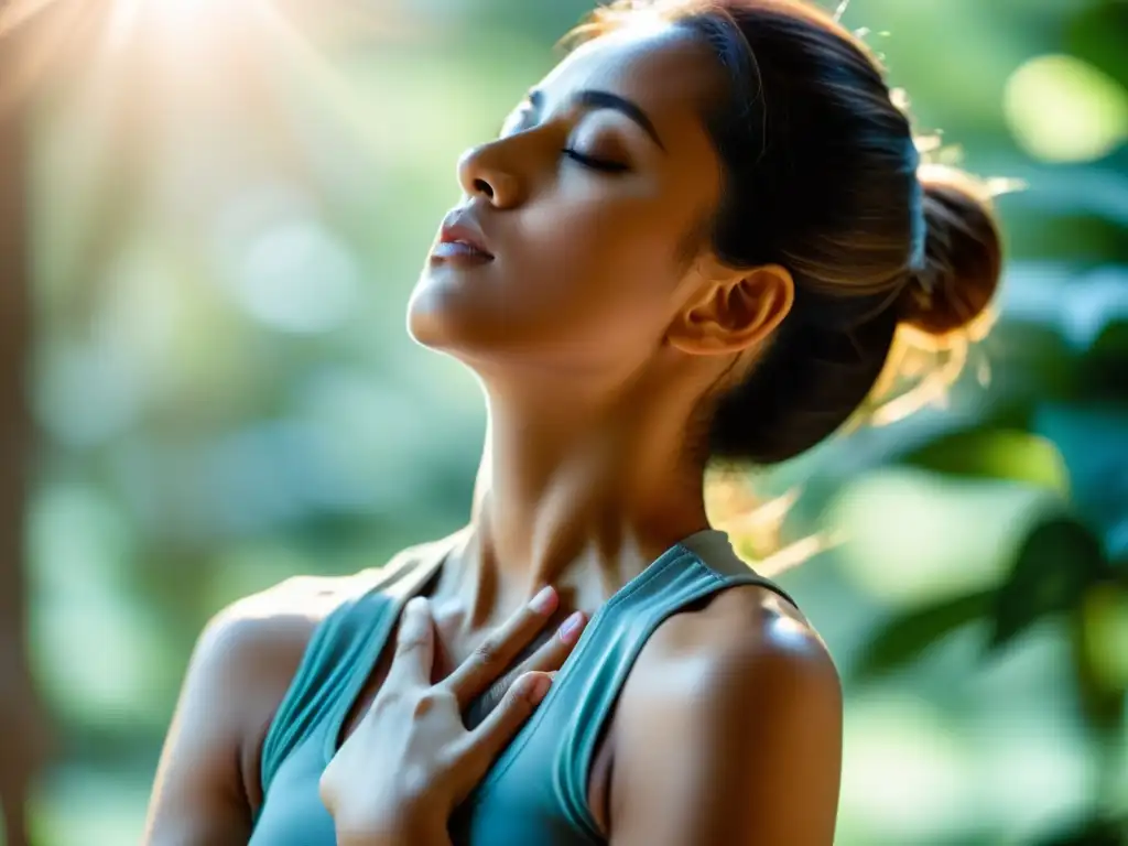 Persona practicando la respiración diafragmática en un entorno sereno, destacando los beneficios de la técnica para la relajación y la meditación